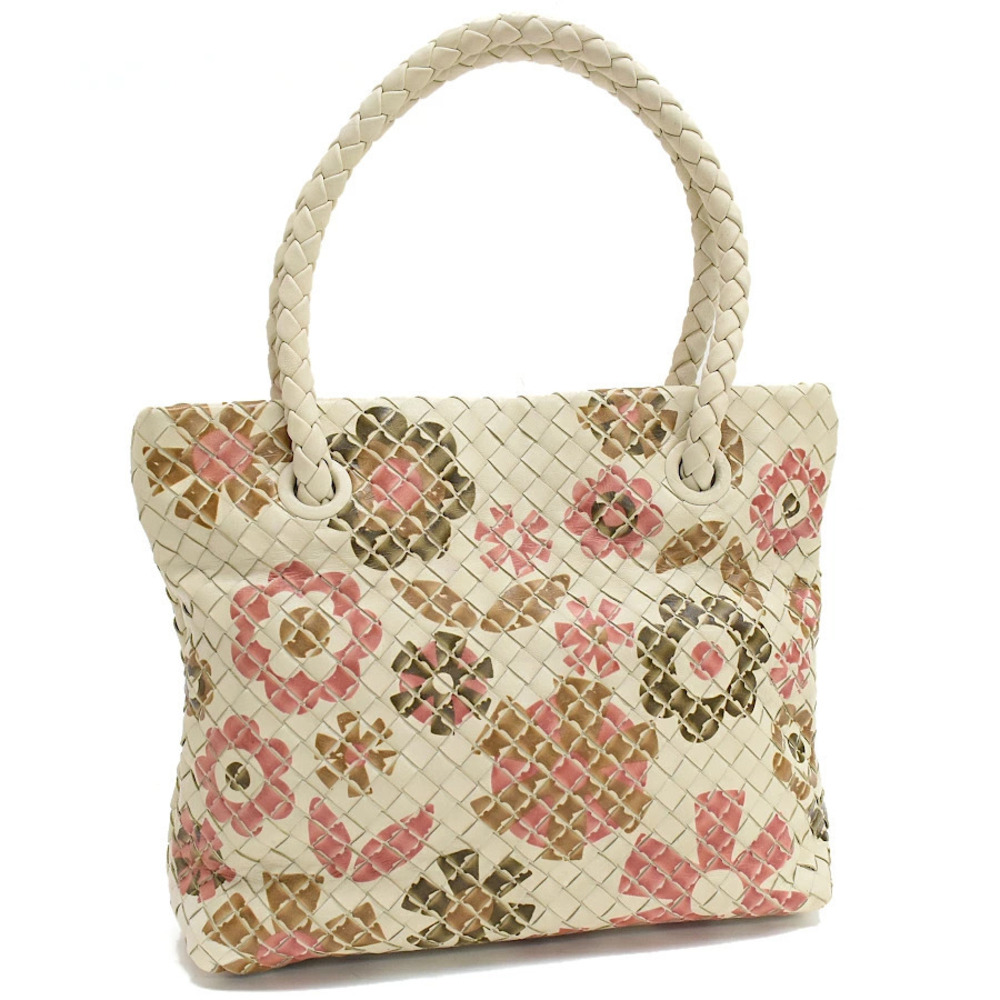 Bottega Veneta Floral Tote Bag Intrecciato Leather White